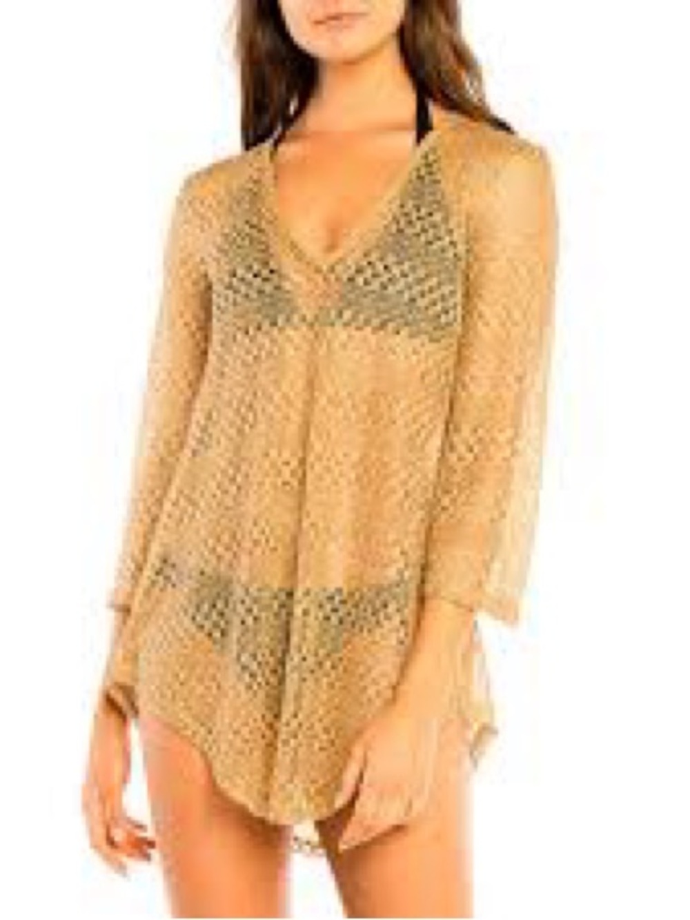 Jordan Taylor Tan Crochet V-Neck Swim Coverup